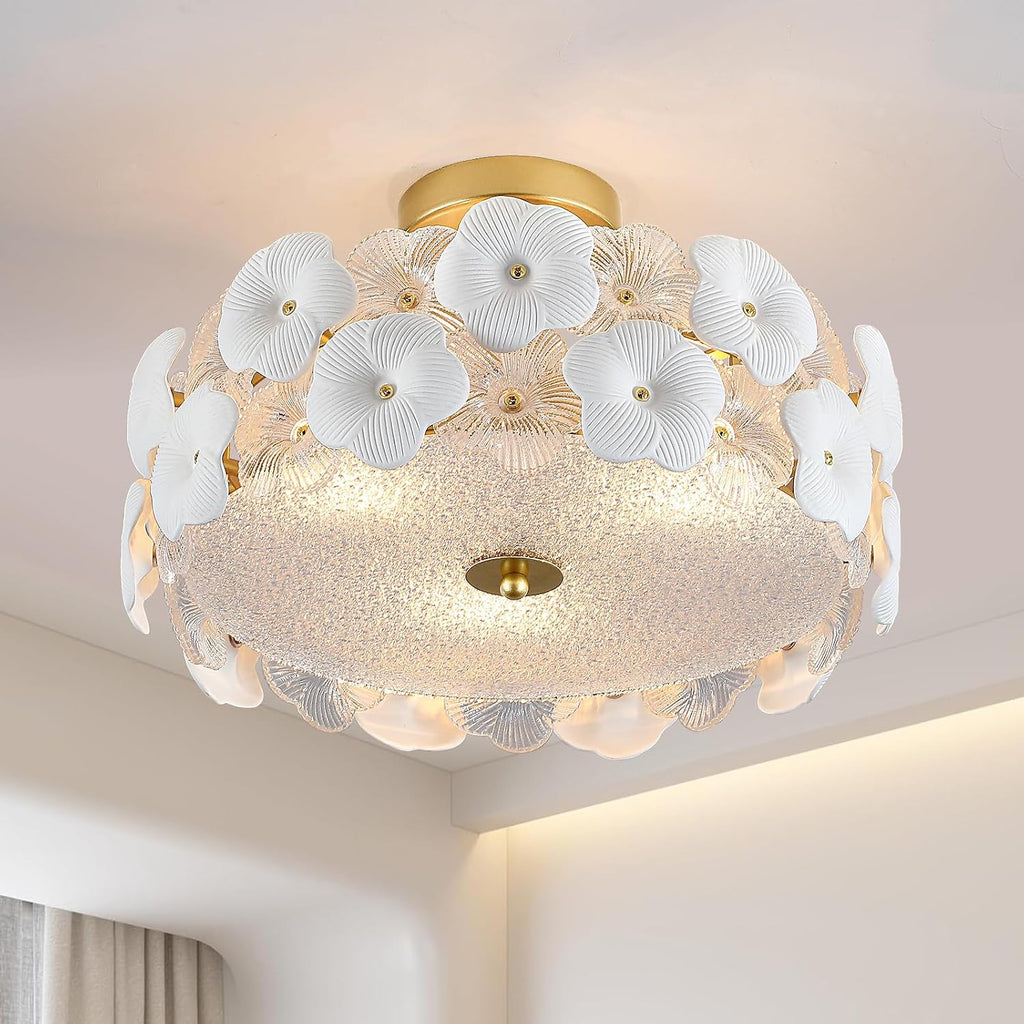 16' Gold Flower Ceiling Light, Glass Semi Flush Mount Ceiling Light, 3-Light Modern Drum Chandelier Ceramic Pendant Lighting for Kitchen, Dining Room, Living Room, Bedroom, Closet, Hallway, Entryway