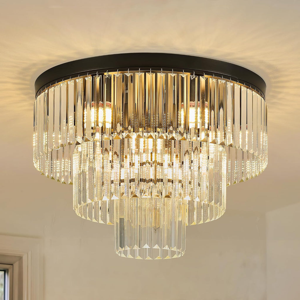 21.65' Black Crystal Ceiling Light 10-Light Modern Crystal Ceiling Light Fixture 3-Tier Luxury K9 Crystal Ceiling Light,for Dining Room Kitchen Island Living Room Bedroom