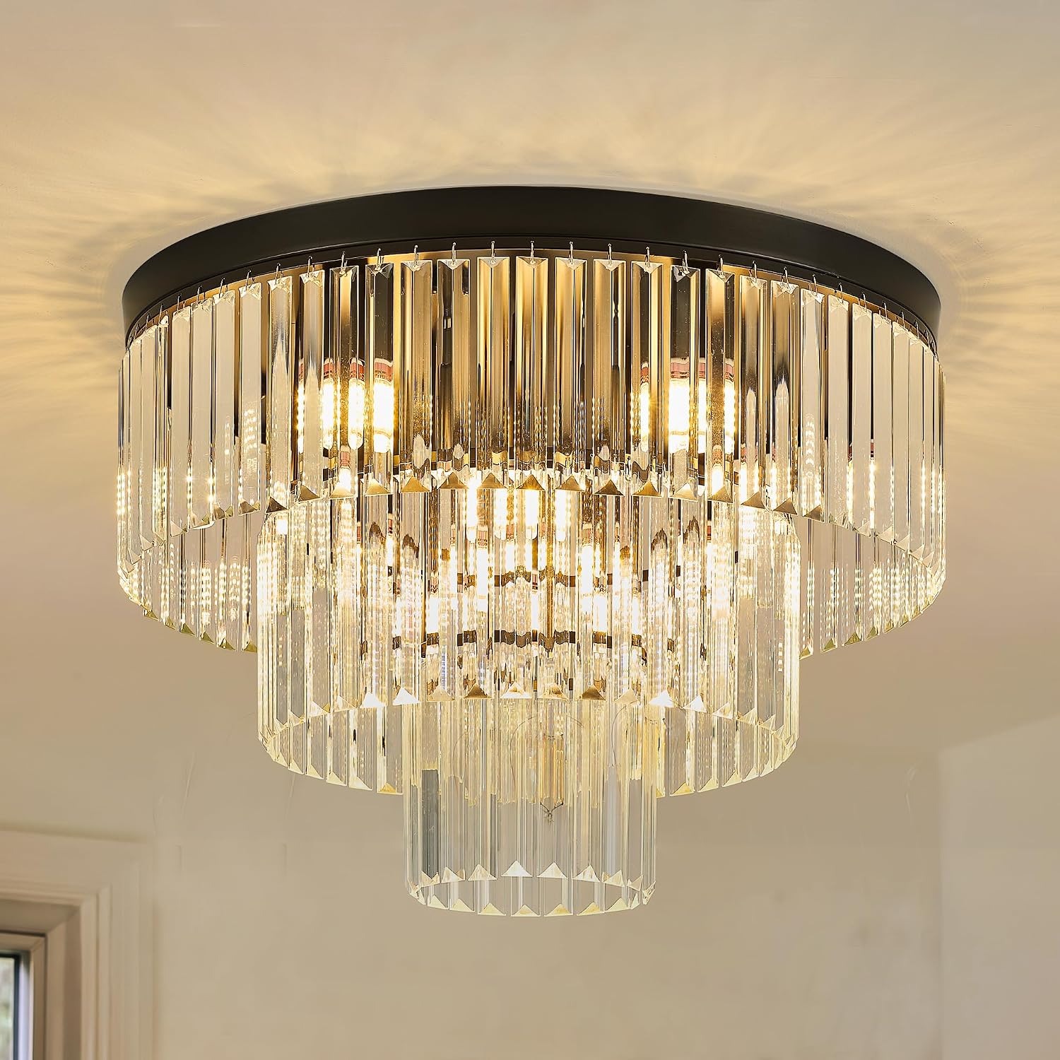 21.65' Black Crystal Ceiling Light 10-Light Modern Crystal Ceiling Light Fixture 3-Tier Luxury K9 Crystal Ceiling Light,for Dining Room Kitchen Island Living Room Bedroom
