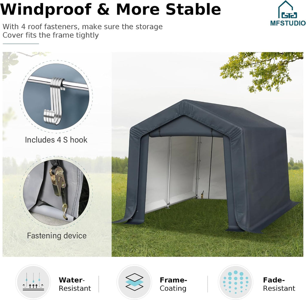 MFSTUDIO Portable Shed Garage, 8x12 Storage Tent Motorcycle Sheds Carport Heavy Duty Canopy with Rolled up Zipper Doors, Outside Utility Shelter Garages Tents for Motorcycles, Bicycles and Tools