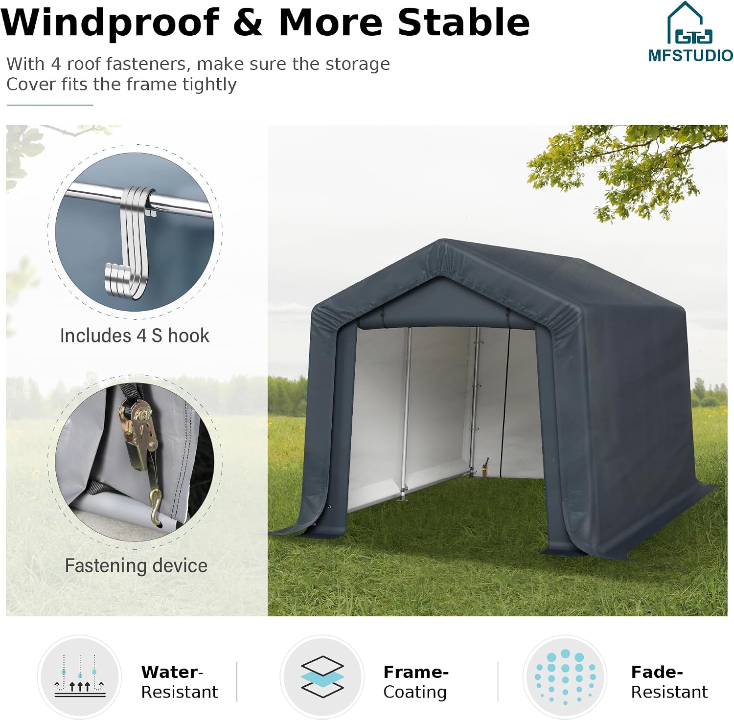 MFSTUDIO Portable Shed Garage, 8x12 Storage Tent Motorcycle Sheds Carport Heavy Duty Canopy with Rolled up Zipper Doors, Outside Utility Shelter Garages Tents for Motorcycles, Bicycles and Tools