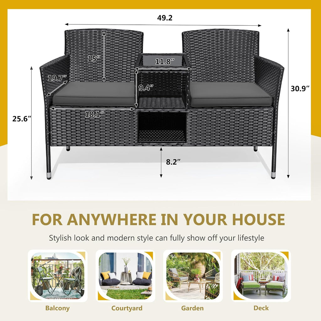 Flamaker Outdoor Furniture Patio Loveseat Wicker 2-Seat with Built-in Table and Cushions Rattan Porch Chairs Bench for Balcony, Lawn, Backyard (Grey)