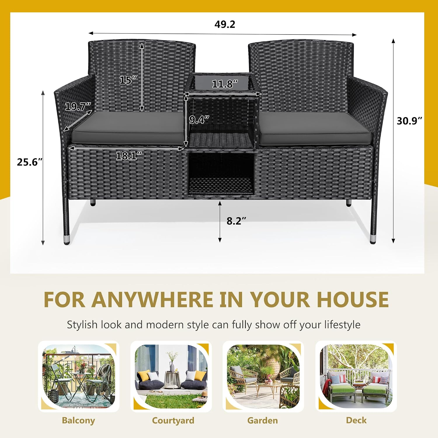 Flamaker Outdoor Furniture Patio Loveseat Wicker 2-Seat with Built-in Table and Cushions Rattan Porch Chairs Bench for Balcony, Lawn, Backyard (Grey)
