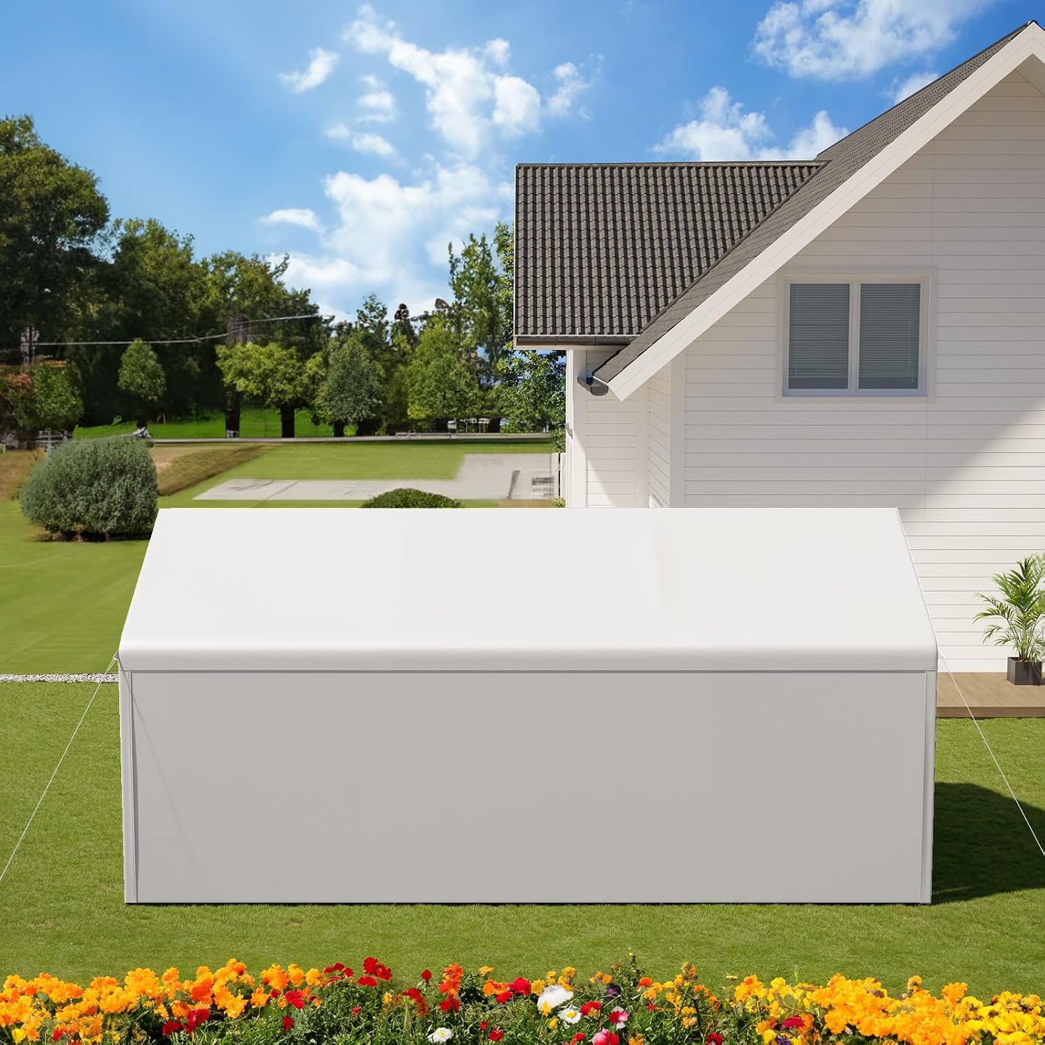 10x20 FT Heavy Duty Carport Car Tent Car Canopy Storage Shed, Portable Garage with Removable Sidewalls & Doors All-Season Tarp for Car,Truck,SUV,Party White