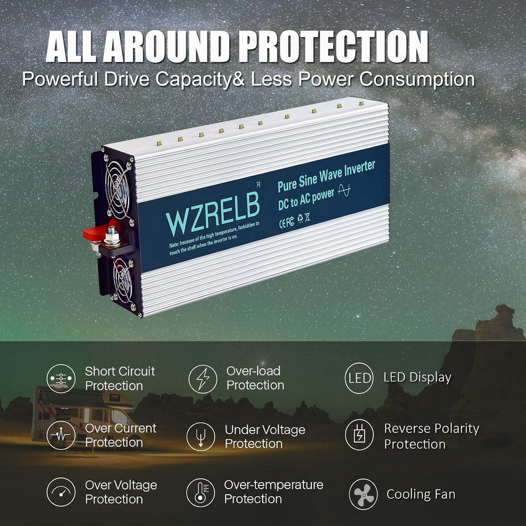 WZRELB 4000W Pure Sine Wave Inverter 24V DC to 110V 120V AC with LED Display,Remote Controller,Off-Grid Power Converter 8000W Surge with Dual AC Outlets, Hardwire Terminal for Home, RV, Truck, Camping