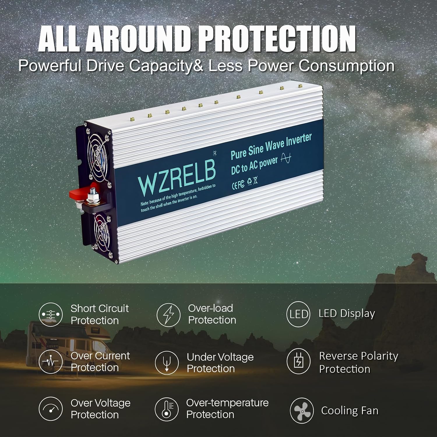 WZRELB 4000W Pure Sine Wave Inverter 24V DC to 110V 120V AC with LED Display,Remote Controller,Off-Grid Power Converter 8000W Surge with Dual AC Outlets, Hardwire Terminal for Home, RV, Truck, Camping