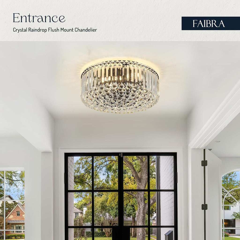 17.3' Black K9 Crystal Raindrop Flush Mount Ceiling Light, Modern Chandelier, Round Luxury Light Fixture for Dining Room, Bedroom, Hallway, Kitchen Island & Living Room