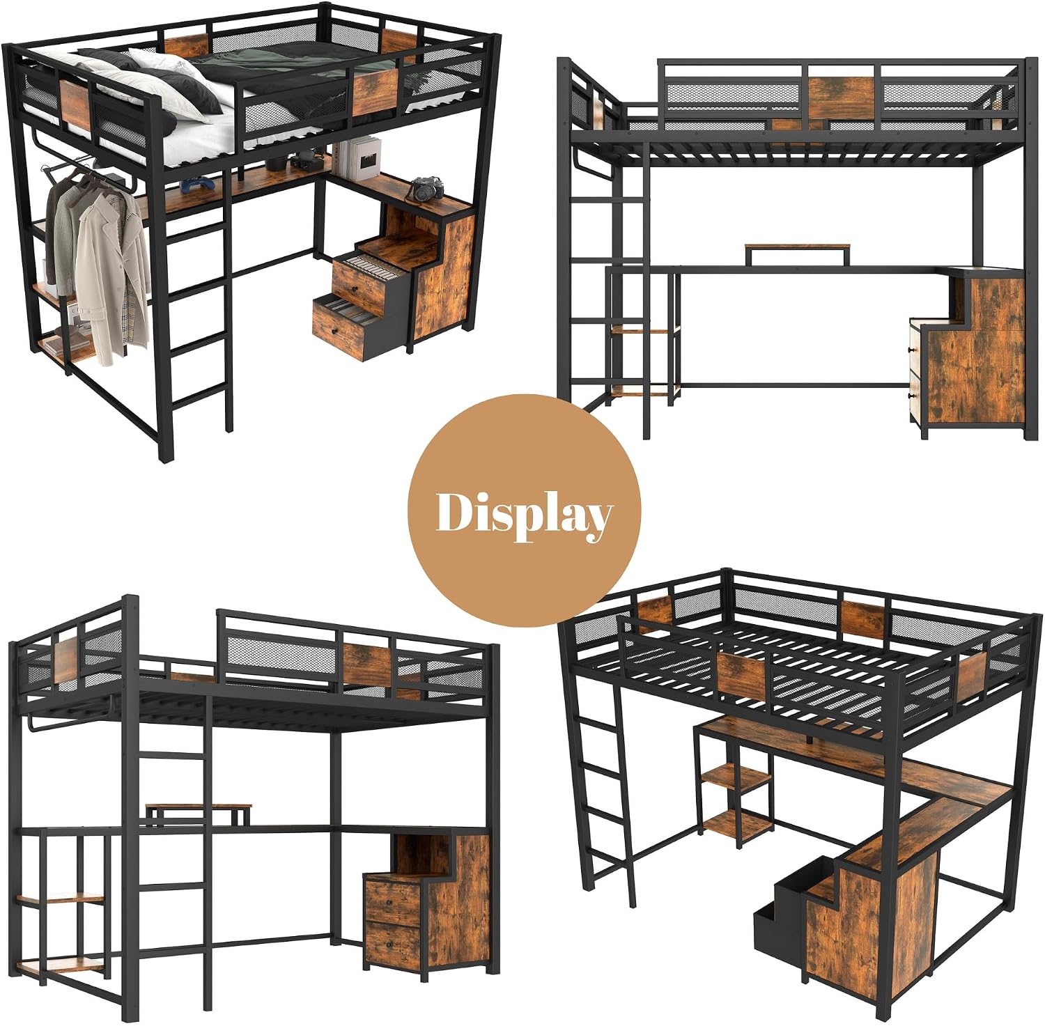 Bellemave Full Loft Bed with Storage Drawers and L-Shaped Desk, Metal Loft Bed Frame with Computer Monitor Stand, Hang Rod, and Multi-Function Shelves, Loftbed with Noise-Free Design, Black