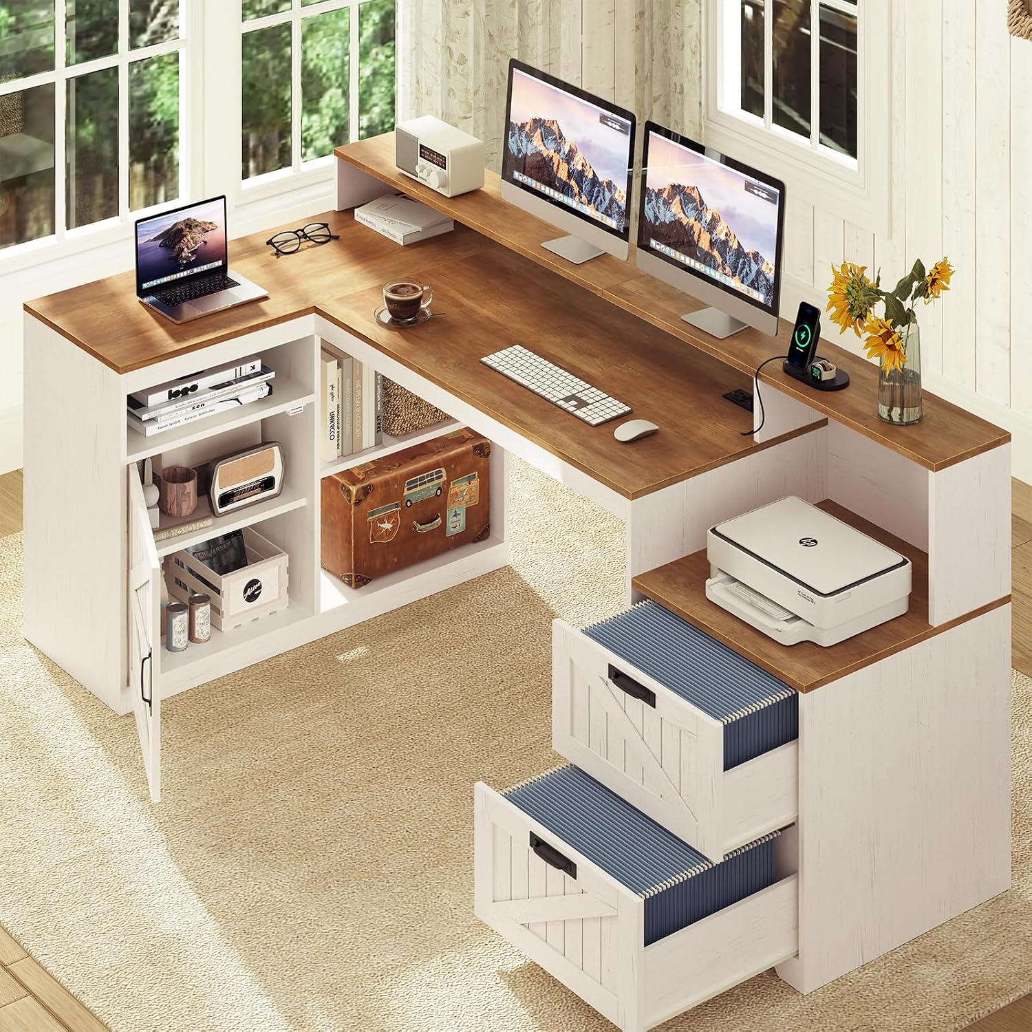 TVU Farmhouse L Shaped Desk with Drawers, 62.2' Home Office Desk with Storage Shelves and Power Outlet, L Shaped Computer Desk with Monitor Stand and Printer Shelf, Brown and White