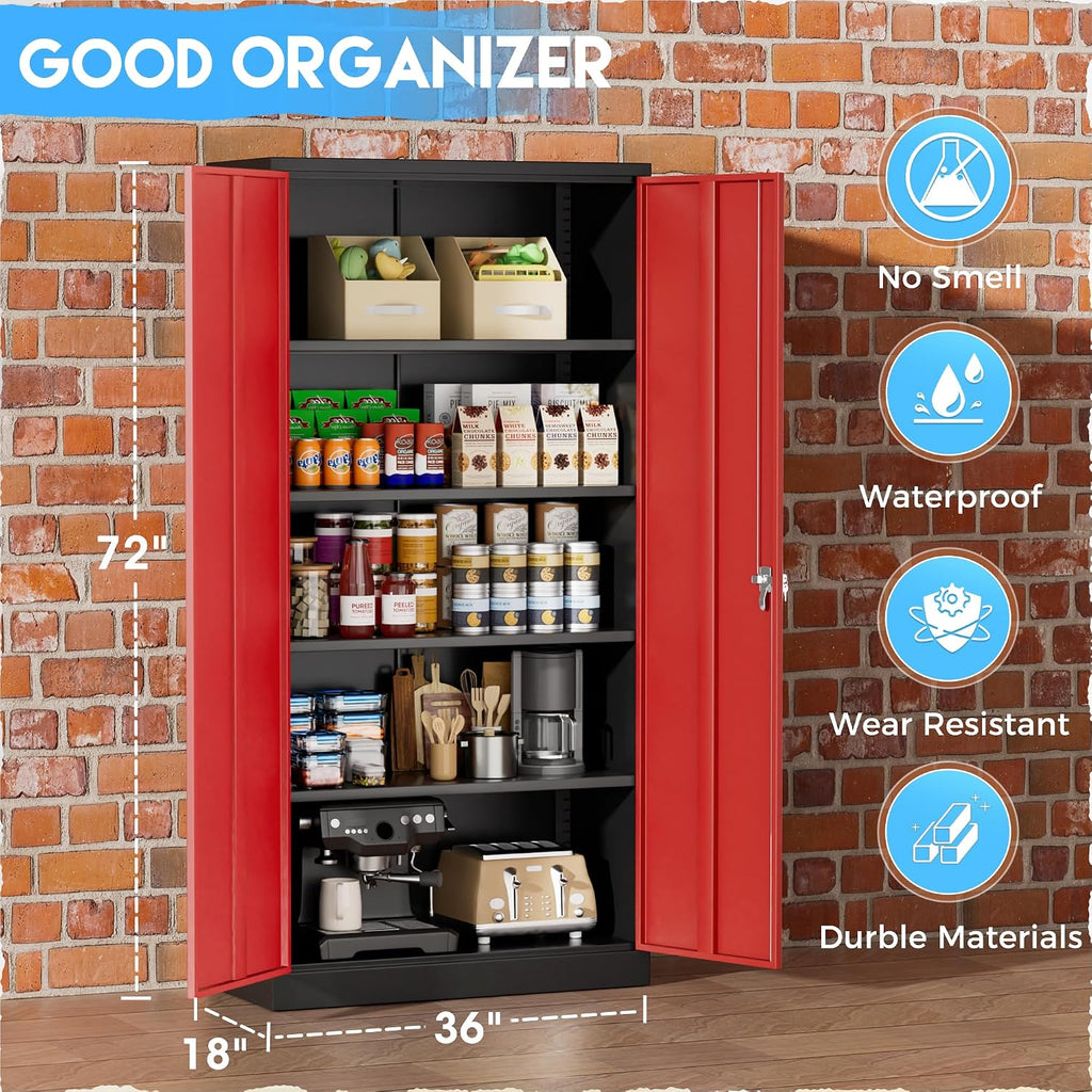 Greenvelly Metal Garage Storage Cabinet with 2 Doors and 4 Adjustable Shelves, 72'H Steel Lockable Storage Cabinet,Tall Metal Cabinet Locking File Cabinet for Office,Home, Garage, Gym, School