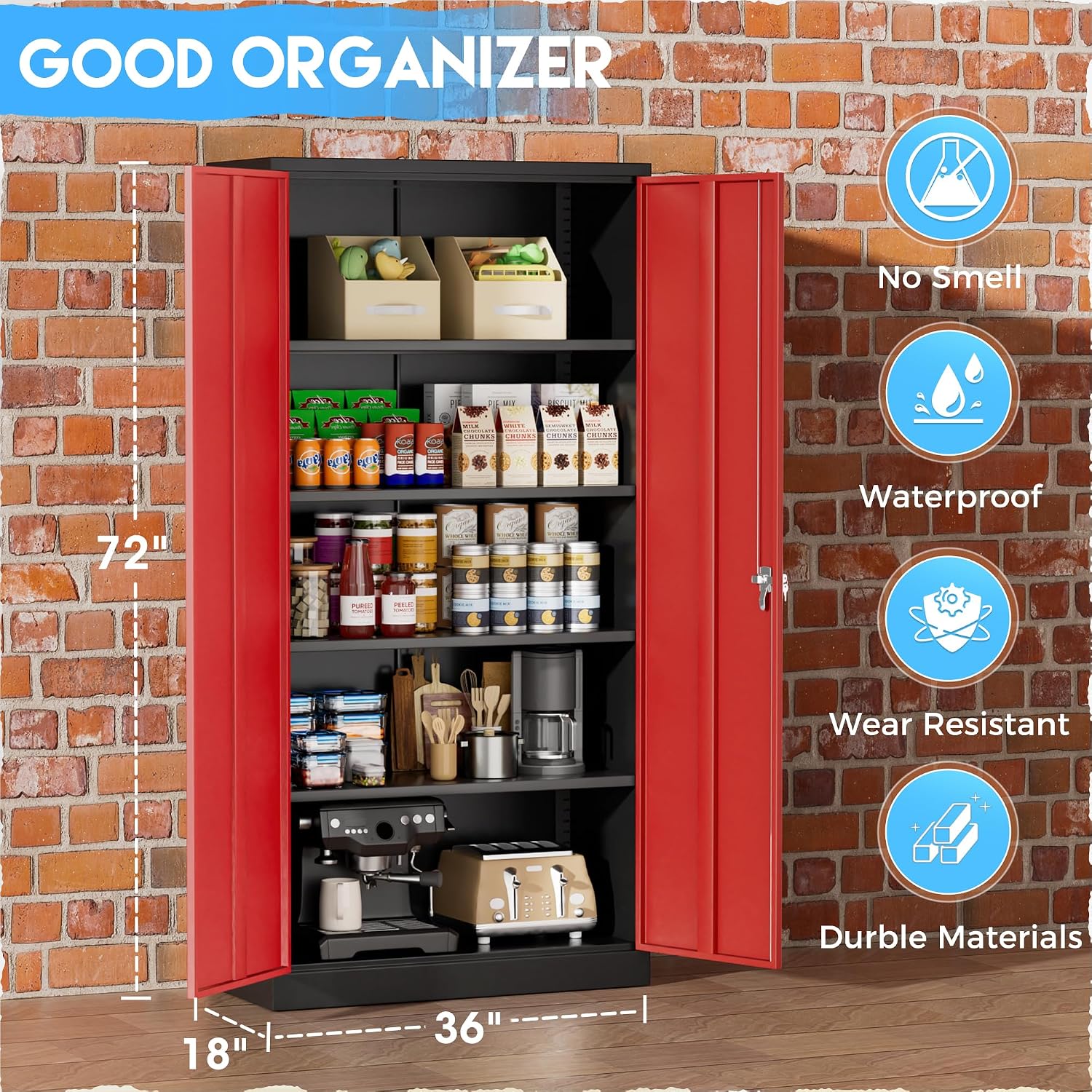 Greenvelly Metal Garage Storage Cabinet with 2 Doors and 4 Adjustable Shelves, 72'H Steel Lockable Storage Cabinet,Tall Metal Cabinet Locking File Cabinet for Office,Home, Garage, Gym, School