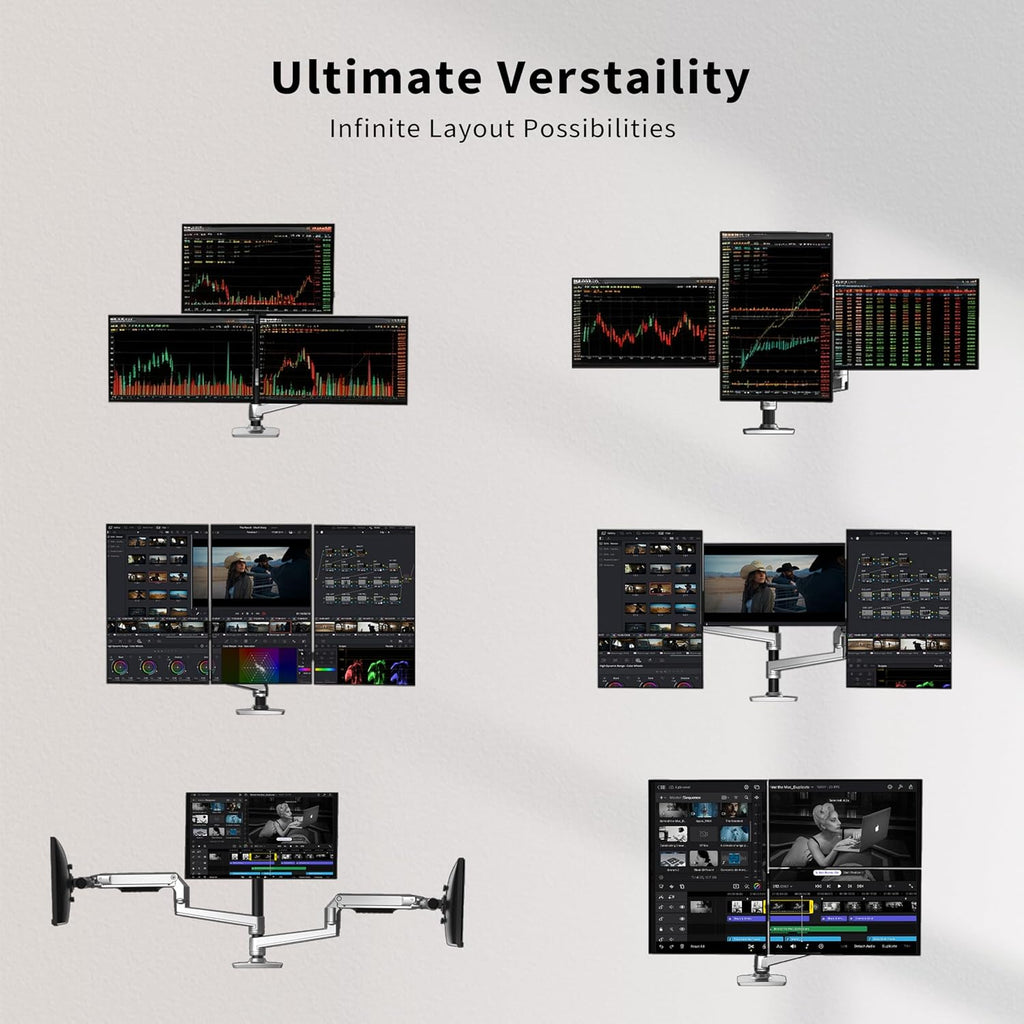 Ergounion Heavy Duty Triple Monitor Mount, Mechanical Spring 3 Monitor Arm for Ultrawide & Curved Screens, Fits Three 13-40 Inch Displays up to 25 lbs Per Arm, Premium Aluminum VESA Stand, Silver