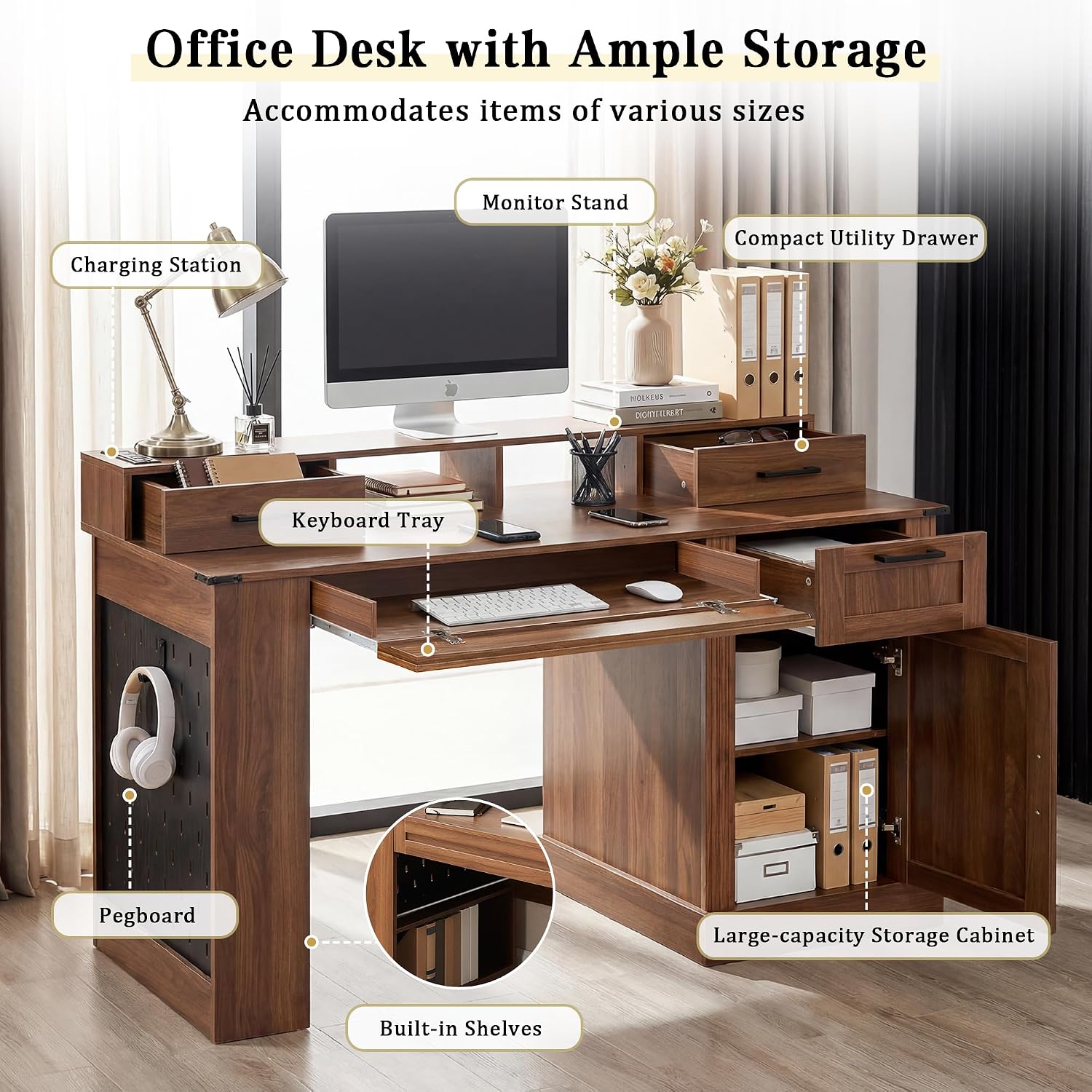 RiteSune 55' Farmhouse Computer Desk with Power Outlets, Removable Monitor Stand with Drawers, Keyboard Tray & Storage Cabinet, Home Office Writing Desk with Pegboard Organizer