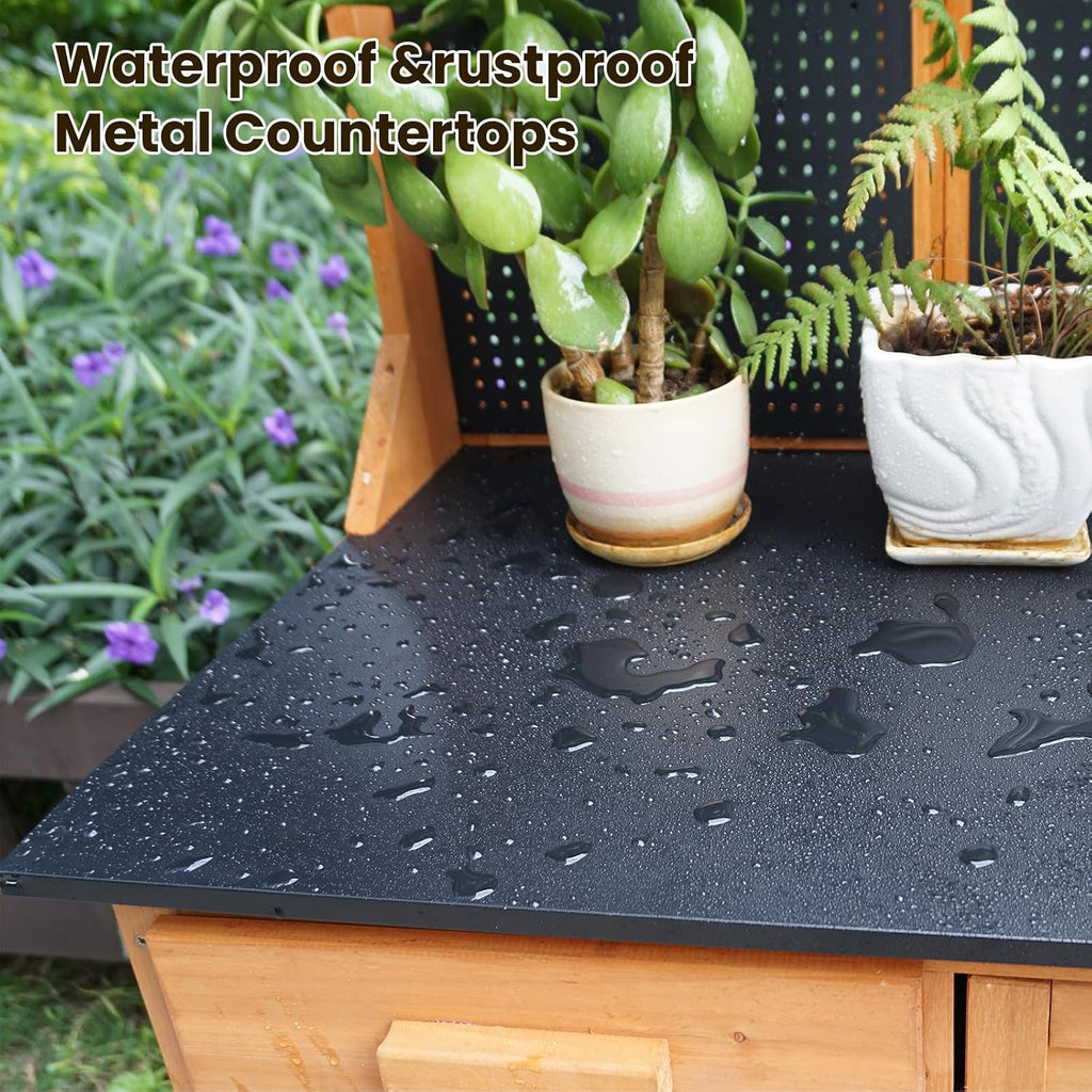 Agitree Outdoor Garden Potting Bench, Horticultural Wooden Workstation Table with Storage Drawer, Cabinet, Metal Pegboard, Adjustable Hooks and Shelves for Backyard, Patio, Greenhouse