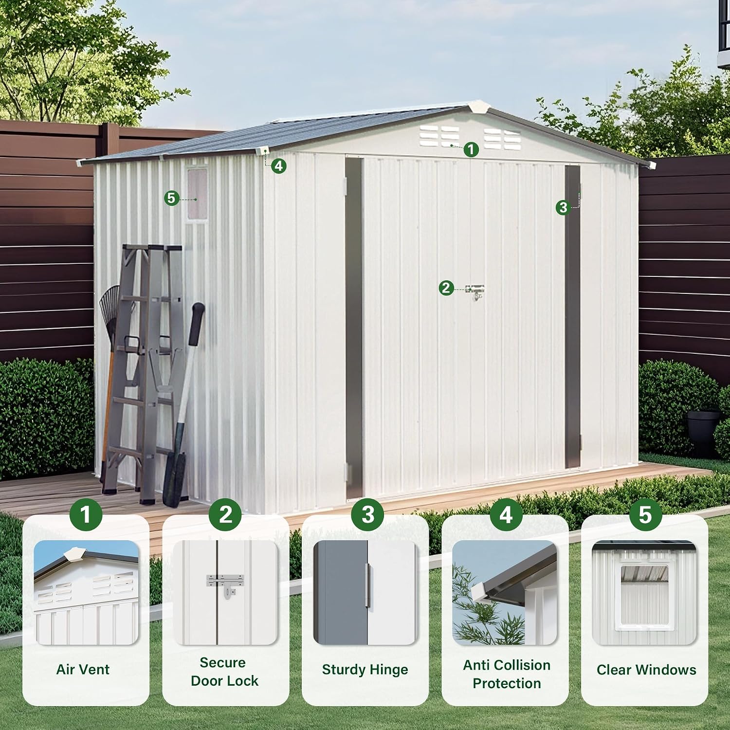 CHUNLY 8 x 6 ft Outdoor Storage Shed w/Side Window and Lockable Door, All Weather Tool Shed with Pitched Roof Waterproof, Storage Garden Shed Storage Room for Patio Backyard Lawn, White + Gray