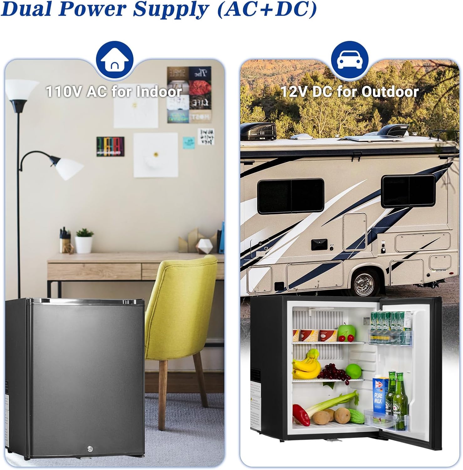 Smad No Noise 110V/12V Compact Refrigerator RV Truck Caravan Beverage Car Mini Fridge with Lock, Reversible Door, 2.1 Cu.Ft, Black