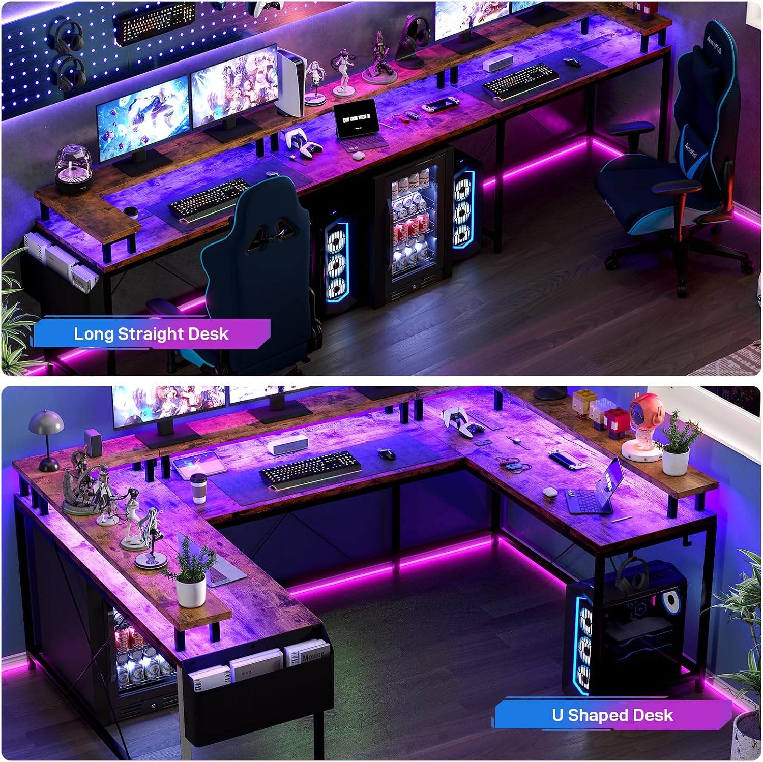 79 Inch u Shaped Desk with Power Outlets, LED Strip & Monitor Stand, Large Corner Computer Desk with Monitor Stand & with Storage Shelves for Home Office