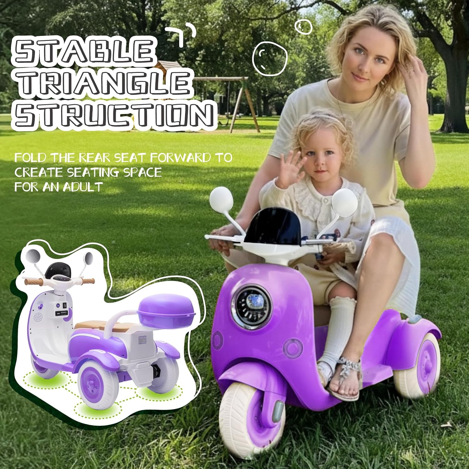 HEIMILI 12V 2-Seater Ride on Motorcycle for Kids, 3 Wheel Electric Motorbike with Dual 25W Motors, Toddler Moped Scooter with Bluetooth Music, Battery Powered Toy for Girls Boys 3-6 Years, Purple
