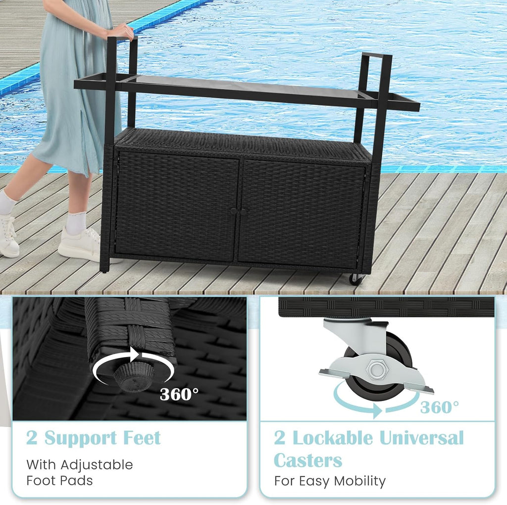 Tangkula Outdoor Bar Cart Table, Patiojoy Rolling Wicker Buffet Wheeled Serving Cart with Tempered Glass Top, Storage Cabinet & 8 Hooks, for Porch Backyard Garden Poolside (Black)