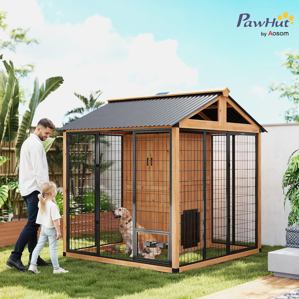 PawHut 7' x 6' Extra Large Outdoor Dog Kennel, Walk-in Wood Dog House with Internal Storage Cabinet, Pet Shelter with Waterproof Roof, Stainless Steel Bowls, Feeding Door for Large Breeds, Yellow