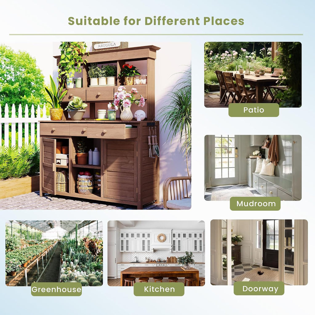JIVOIT Outdoor Wood Workstation Table, 65.7'' H Tall Garden Potting Bench Table with Hutch, 3 Shelves, 6 Drawers, 2 Bottom Cabinets & Side Hooks, Patio Storage Workstation for Mudroom, Doorway