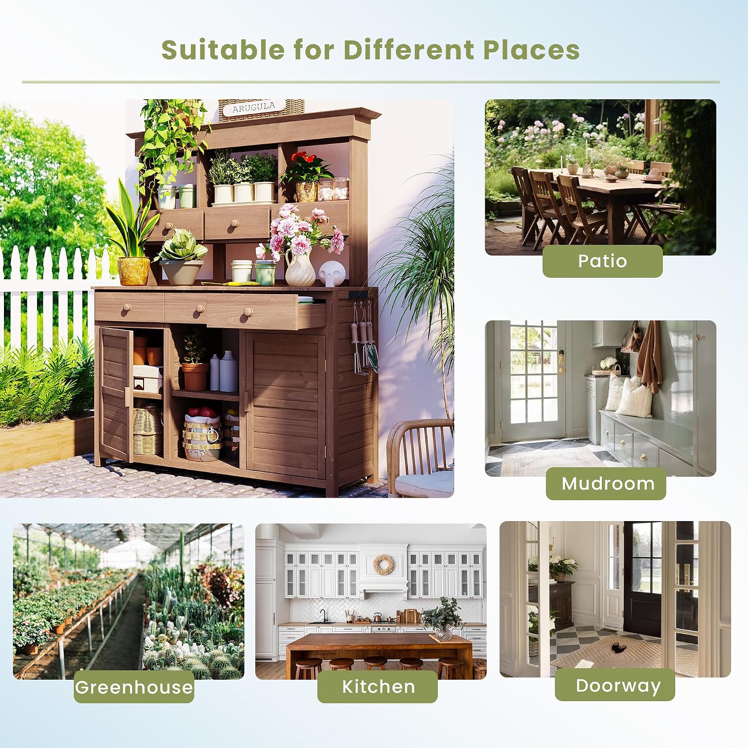 JIVOIT Outdoor Wood Workstation Table, 65.7'' H Tall Garden Potting Bench Table with Hutch, 3 Shelves, 6 Drawers, 2 Bottom Cabinets & Side Hooks, Patio Storage Workstation for Mudroom, Doorway