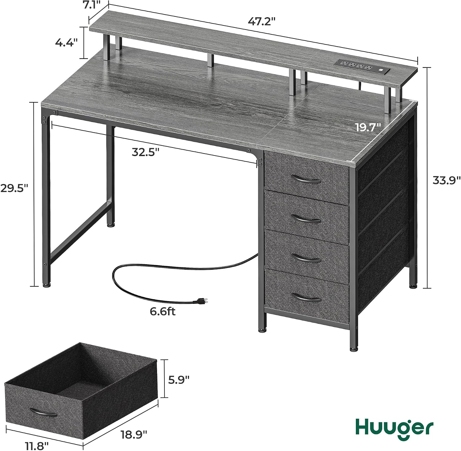Huuger 47 Inch Computer Desk with Power Outlets and LED Lights, Gaming Desk with 4 Drawers, Office Desk with Monitor Stand, Study Desk Work Desk for Home Office, Small Spaces, Gray