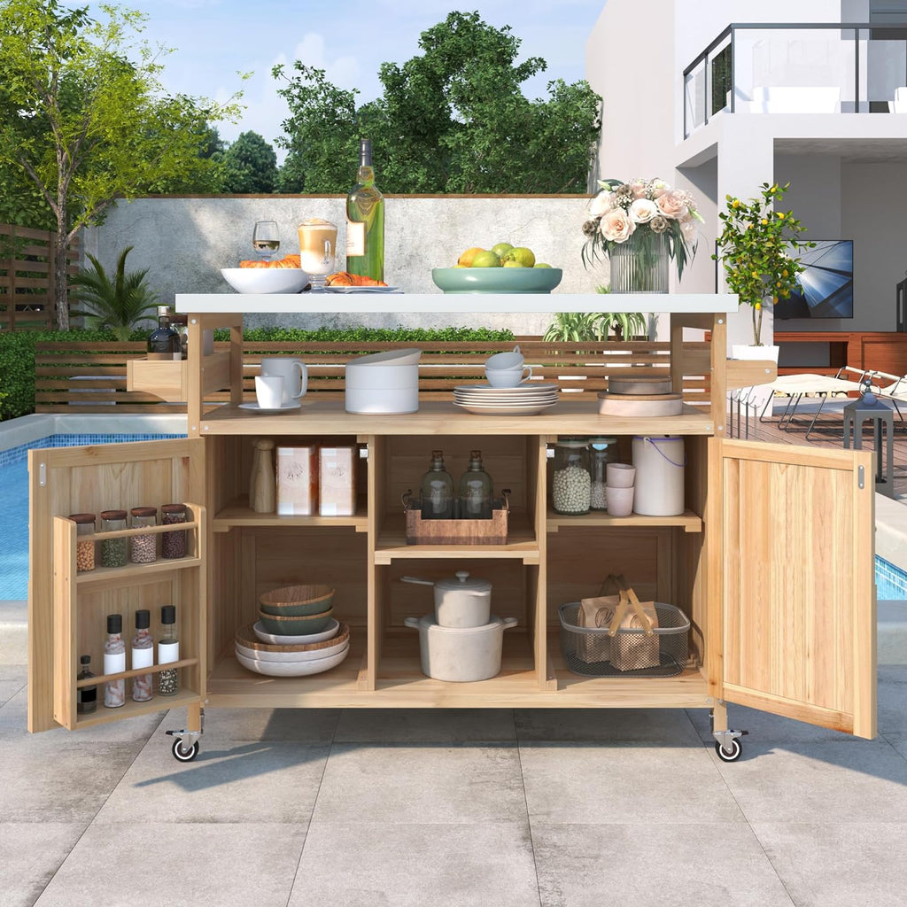 Outdoor Kitchen Island, Rolling Bar Cart & Storage Cabinet, Farmhouse Solid Wood Outdoor Grill Table with Stainless Steel Top, Spice Rack, Towel Rack for Kitchen & BBQ, Natural