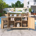 Outdoor Kitchen Island, Rolling Bar Cart & Storage Cabinet, Farmhouse Solid Wood Outdoor Grill Table with Stainless Steel Top, Spice Rack, Towel Rack for Kitchen & BBQ, Natural