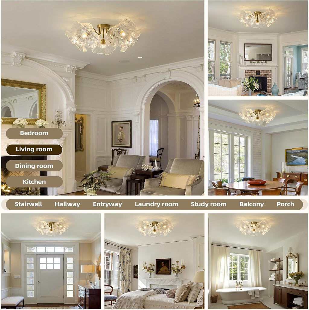 Flower Glass 5 Lights Ceiling Light - Gold Vintage Floral Semi Flush Mount Chandelier Lightin Fixture - Mid Century Modern Art Deco Lamp for Bedroom Bathroom Hallway Hall Laundry Kitchen Dining Room