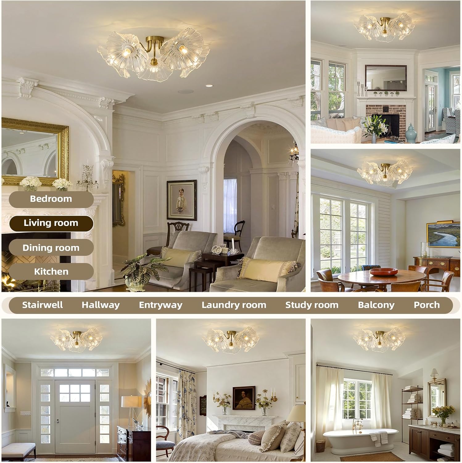 Flower Glass 5 Lights Ceiling Light - Gold Vintage Floral Semi Flush Mount Chandelier Lightin Fixture - Mid Century Modern Art Deco Lamp for Bedroom Bathroom Hallway Hall Laundry Kitchen Dining Room