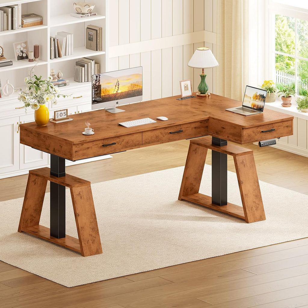 SEDETA 59 Inch L Shaped Electric Standing Desk with Drawers, Executive Adjustable Desk with Power Outlets, Sit Stand Computer Table for Home Office, Rustic Brown