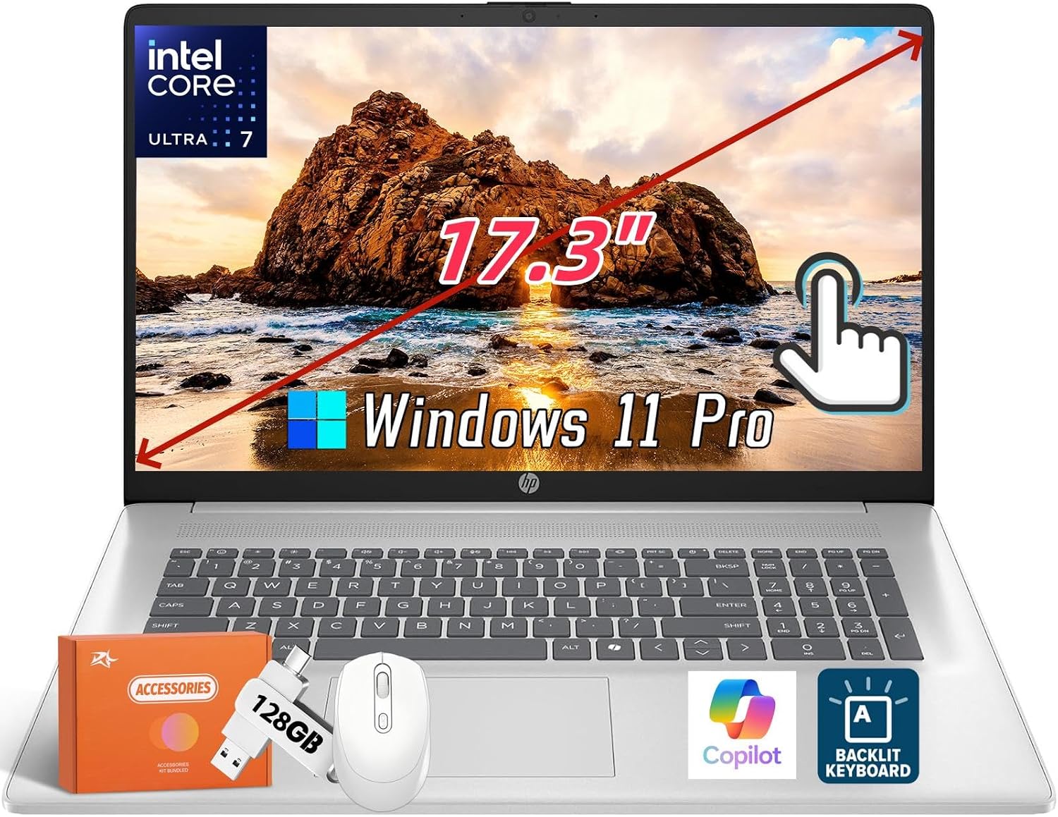HP 17 Inch Touchscreen Laptop Business, Intel 12-Core Ultra 7 255U(Up to 5.2 GHz), 17.3' HD+ Display, 64 GB DDR5, 4 TB SSD, Copilot Key, Backlit KB, Long Battery Life, Windows 11 Pro, W/Accessories