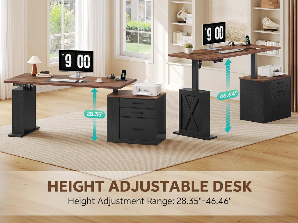 75.5 Inches Electric Standing Desk with Drawers Farmhouse Sit Stand Desk with Storage Adjustable Height Computer Desk with Power Outlets Printer Space for Home Office Black and Walnut