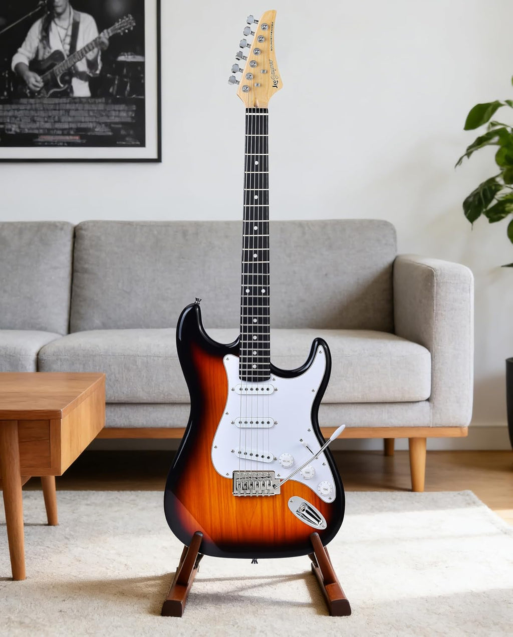 Leo Jaymz Beginner Electric Guitar Complete Kit with Portable Amp, Padded Gig Bag & Full Accessories, Maple Neck SSS Pickups (Sunburst)