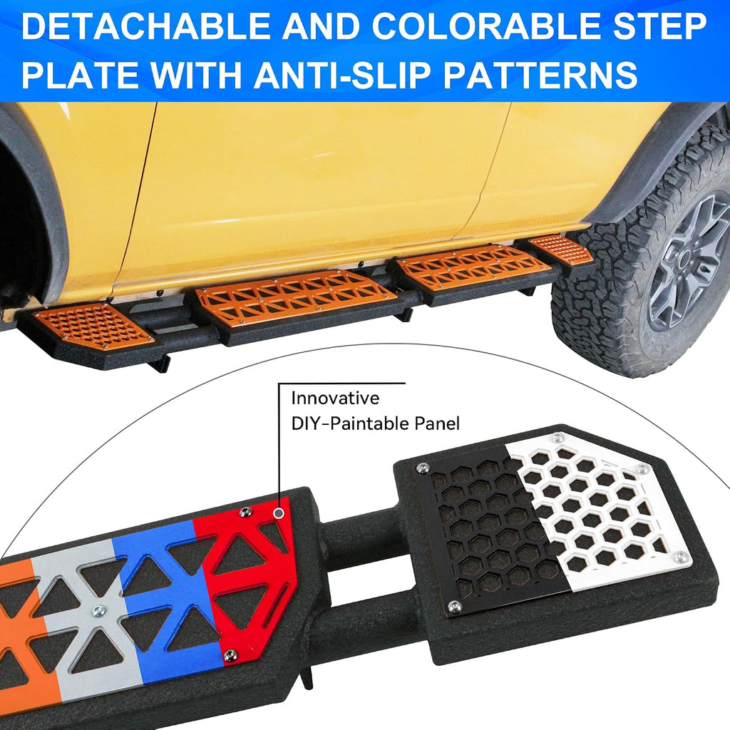 Orange Running Boards fit for Ford Bronco 4-Door 2021-2026 | (Excluding Bronco Sport), 7 inch non-slip rock rail side steps bars DIY painting orange panel stainless steel