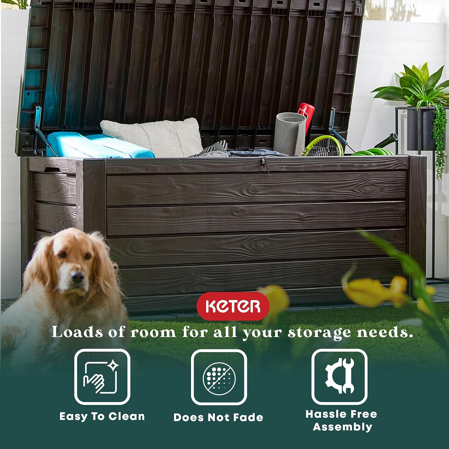 Keter Unity XL Outdoor Kitchen Rolling Bar Cart, Storage Cabinet Bundled with Westwood 150 Gallon Plastic Outdoor Furniture Storage Deck Box, Espresso