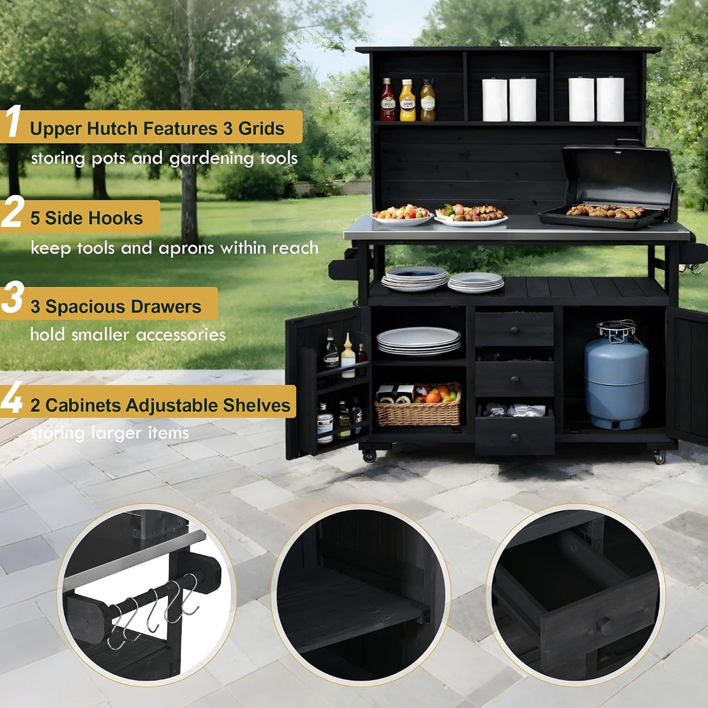 65''H Large Garden Potting Bench, Solid Fir Wood Outdoor Kitchen Island with Lockable Wheels, Stainless Steel top, Drawers, Shelf and Cabinets, Door Shelves and Hutch for Grilling (Black-113)