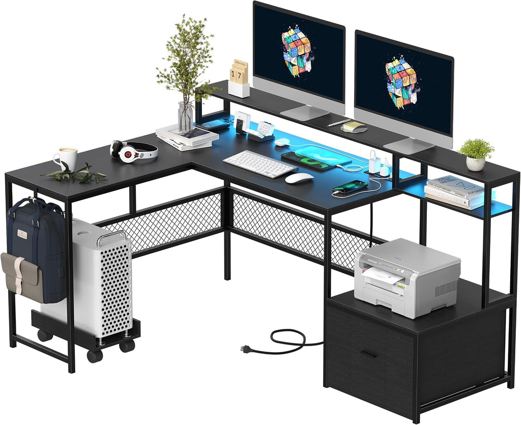 L Shaped Desk with Drawers, 66' Home Office Desk with Power Outlet and Led Strip, Reversible Computer Desk with Storage Shelves & Monitor Stand, Large Corner Desk Gaming Desk, Black