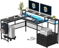 L Shaped Desk with Drawers, 66' Home Office Desk with Power Outlet and Led Strip, Reversible Computer Desk with Storage Shelves & Monitor Stand, Large Corner Desk Gaming Desk, Black
