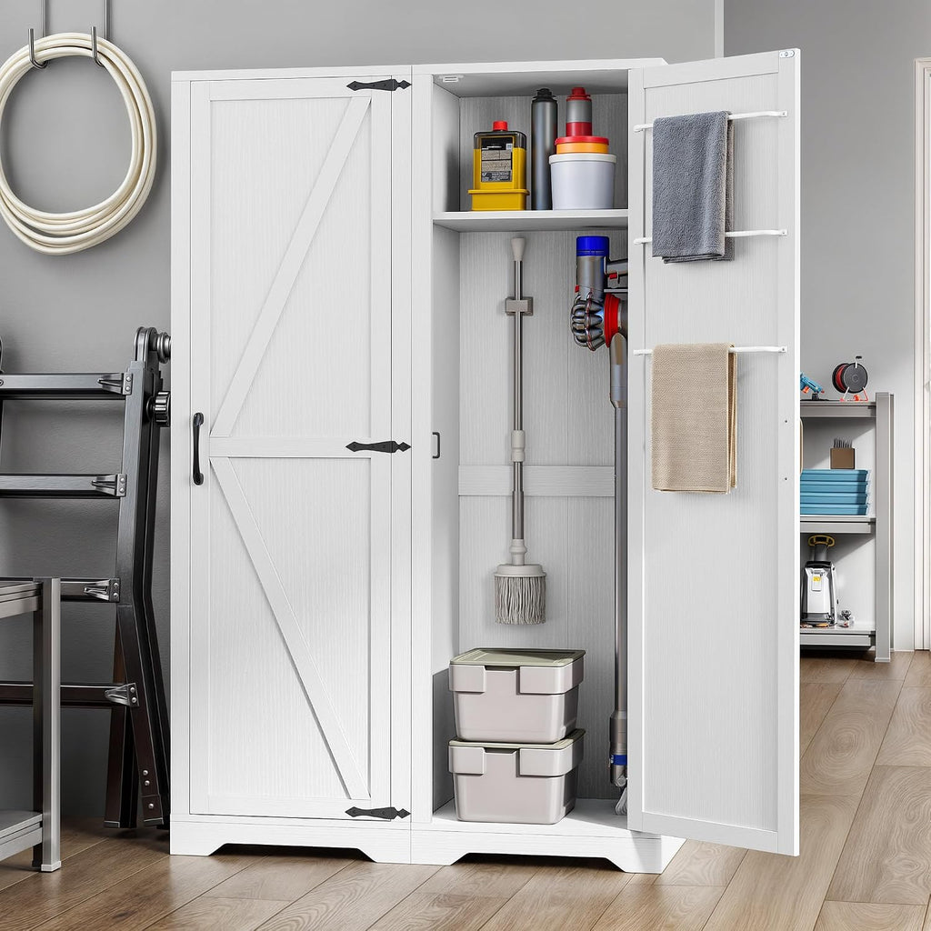 DWVO Broom Closet Storage Cabinet, Wooden Organizer for Mops, Brooms, and Bucket Vacuum Cleaners with Upper Shelf and Towel Hanging Options
