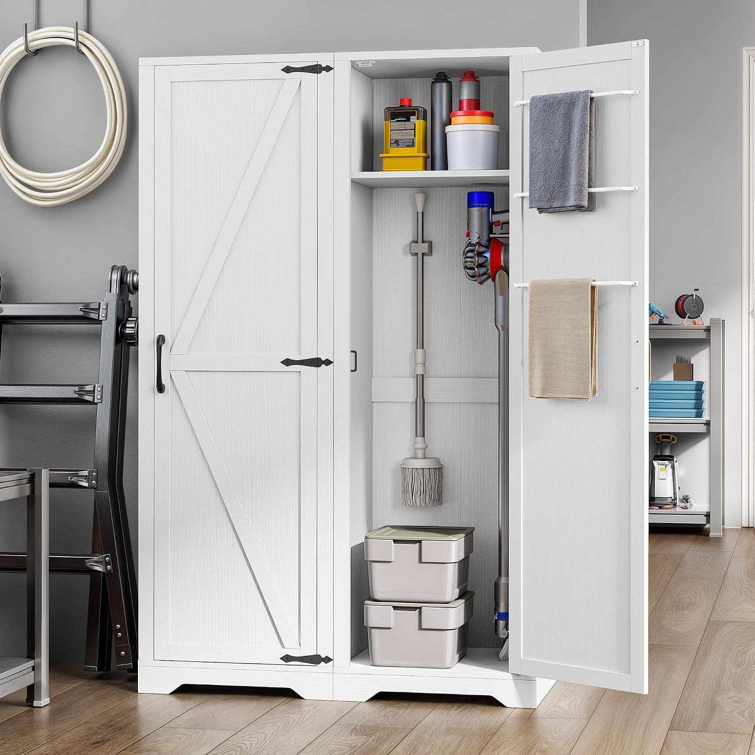 DWVO Broom Closet Storage Cabinet, Wooden Organizer for Mops, Brooms, and Bucket Vacuum Cleaners with Upper Shelf and Towel Hanging Options
