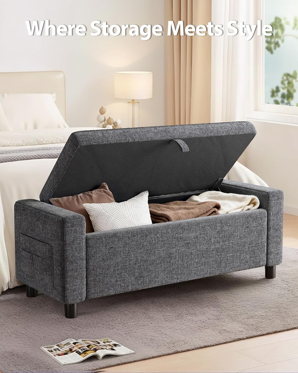 Amada 46' Ottoman with Storage,Storage Ottoman Bench with Safety Hinge, Hidden Compartment & Side Pocket, 400 lbs Weight Capacity, end of Bed/Entryway Bench for Bedroom/Living Room, Dark Gray