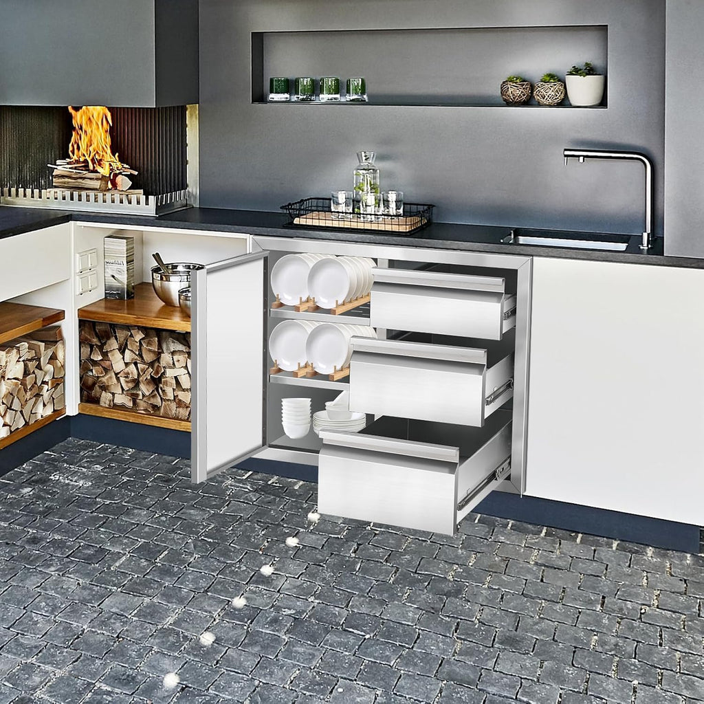 Outdoor Kitchen Drawer Combo Cabinet Stainless Steel Triple Drawers & Access Door, 28' W x 22' H x 19.5' D, Multi-Layer Design with Partition, Perfect for BBQ Grill Station