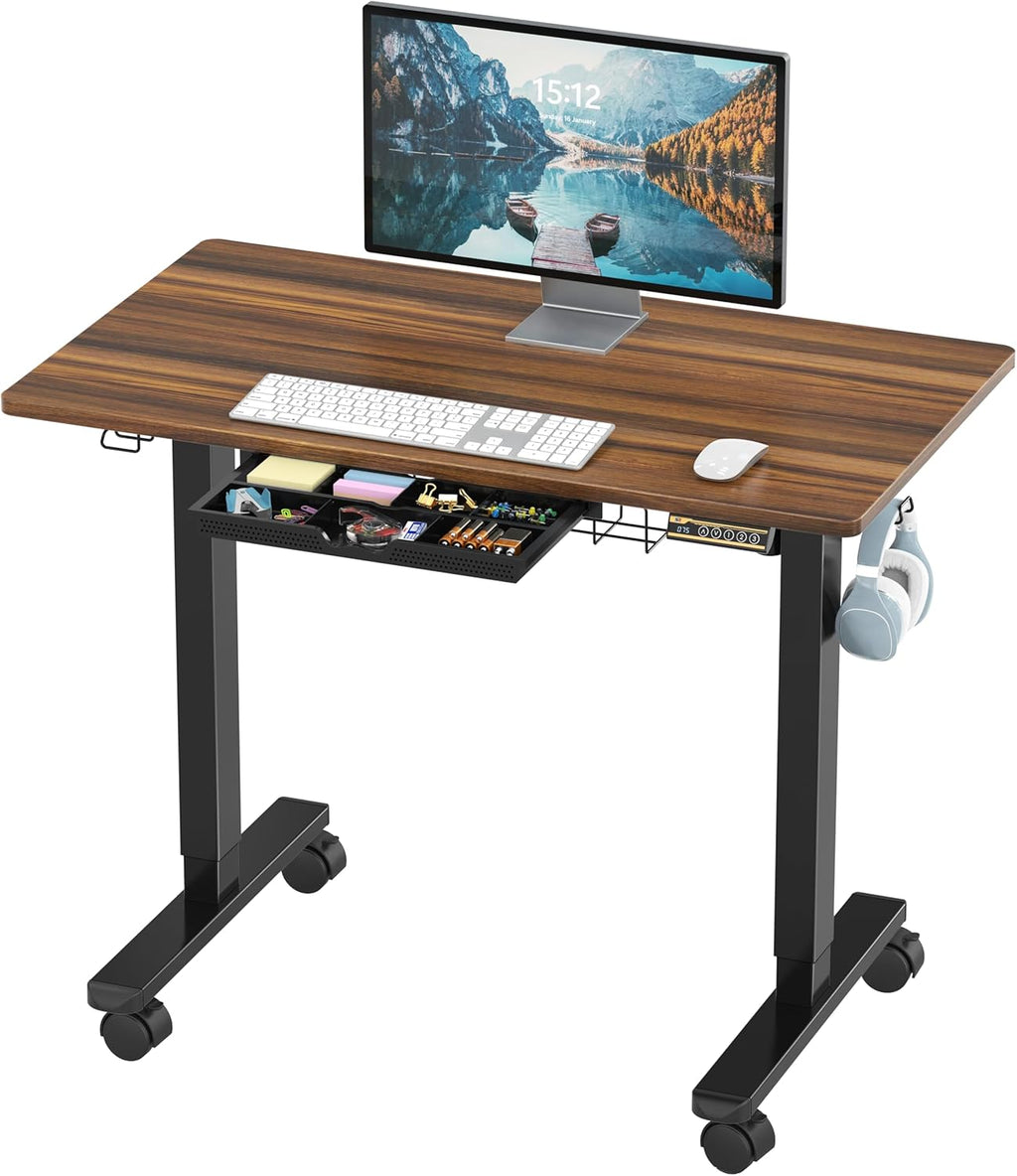 SHW 40-Inch Mobile Electric Height Adjustable Sit to Stand Desk with Drawer, Hanging Hooks and Cable Management, Walnut
