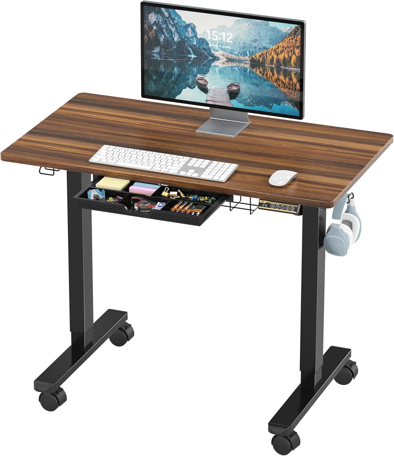 SHW 40-Inch Mobile Electric Height Adjustable Sit to Stand Desk with Drawer, Hanging Hooks and Cable Management, Walnut