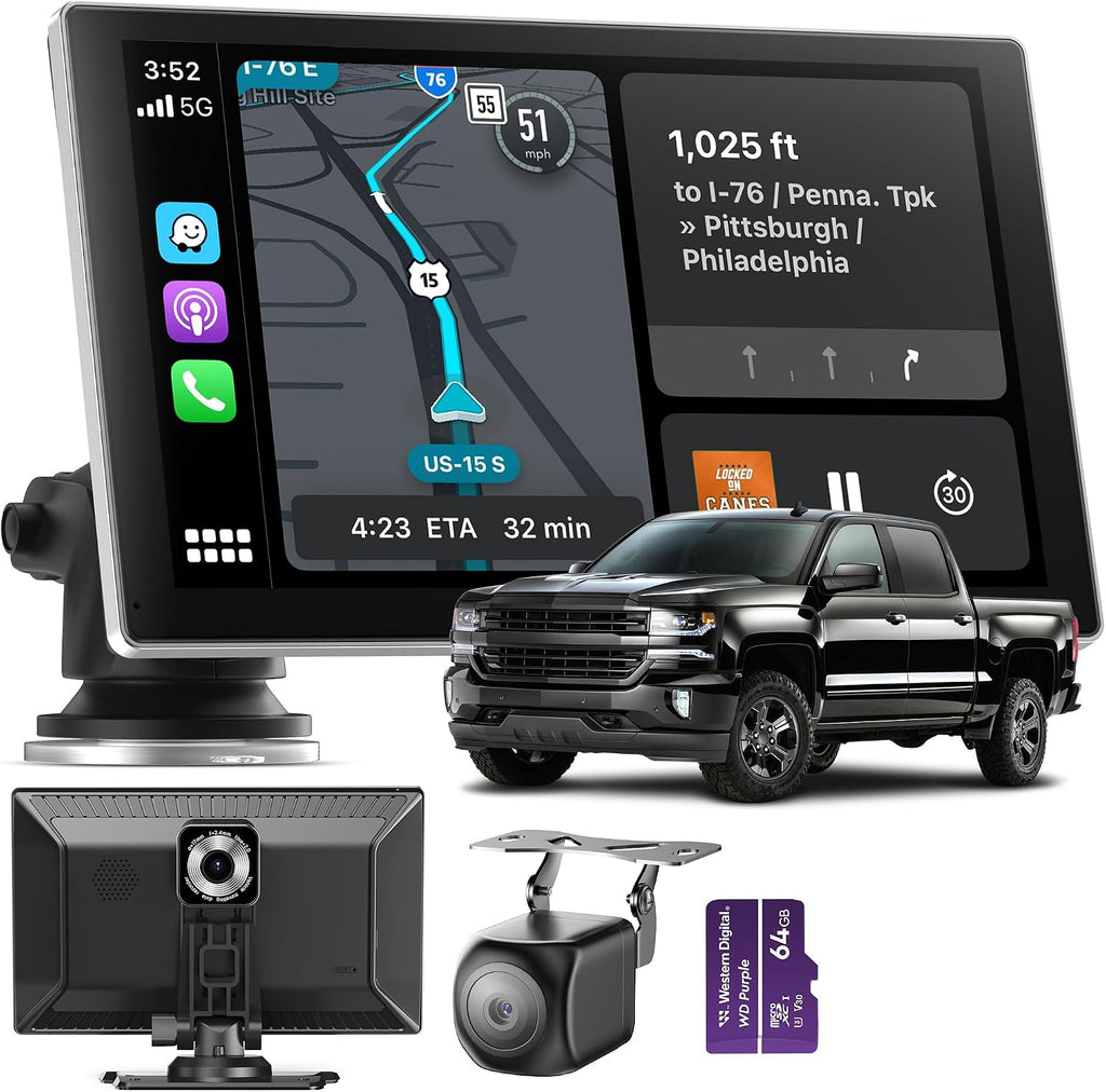 Portable CarPlay Screen for Car, 9'' Wireless Apple CarPlay & Android Auto Screen for Car, 4K Dash Cam, 1080P Backup Camera, GPS Navigation/Bluetooth/FM/Siri Voice Control for All Vehicles