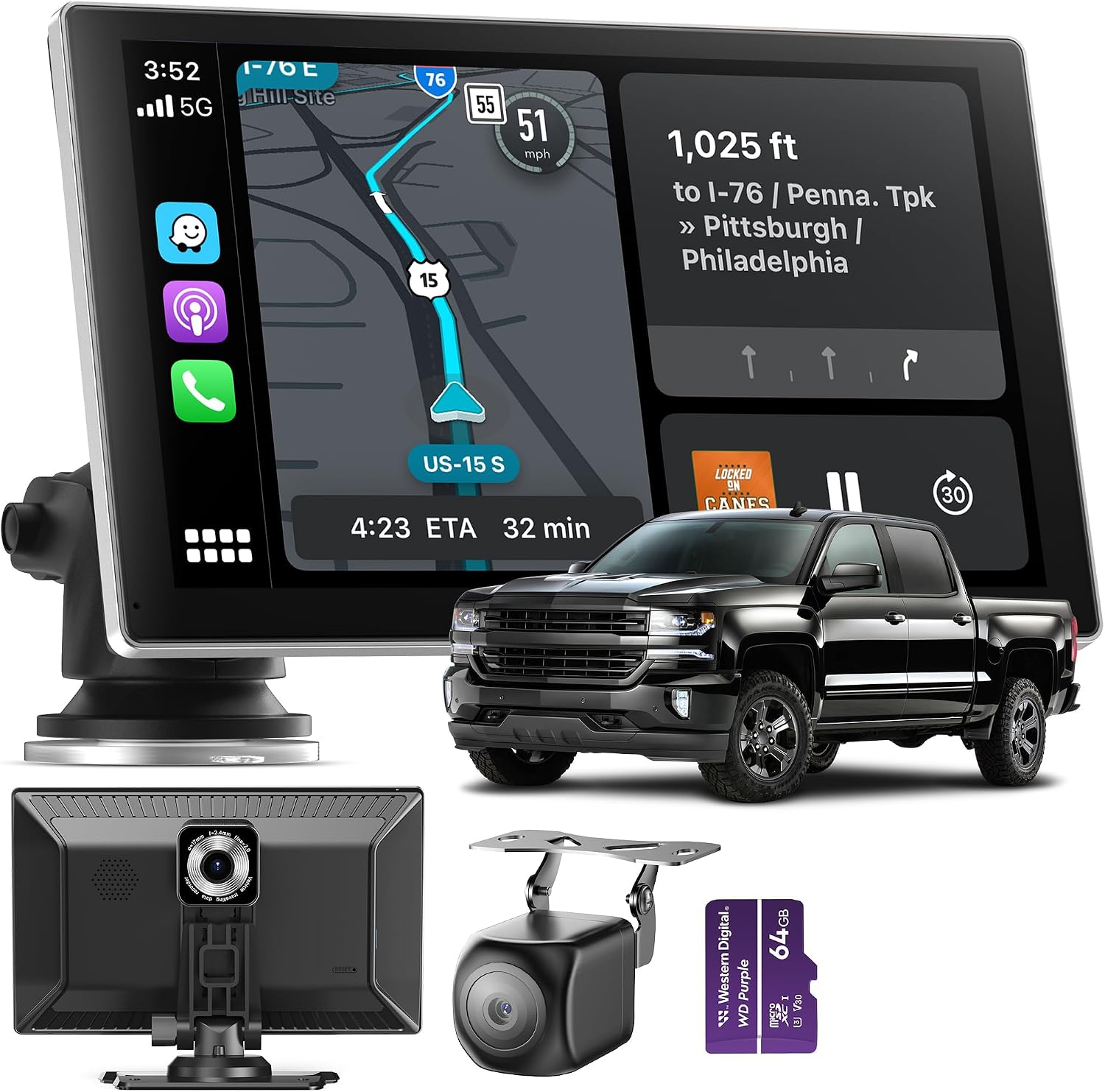 Portable CarPlay Screen for Car, 9'' Wireless Apple CarPlay & Android Auto Screen for Car, 4K Dash Cam, 1080P Backup Camera, GPS Navigation/Bluetooth/FM/Siri Voice Control for All Vehicles