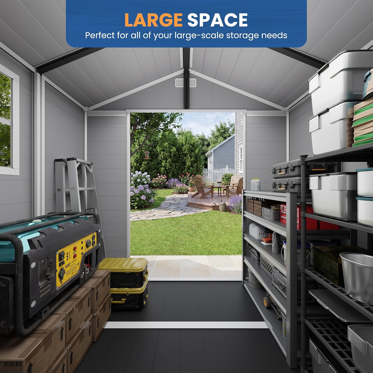Amopatio Storage Shed 6x8, Resin Outdoor Shed with Floor Included, Plastic Sheds Outdoor Storage for Bike, Garden Tools, Sheds & Outdoor Storage with Lockable Door, Window & Vents, Grey & White
