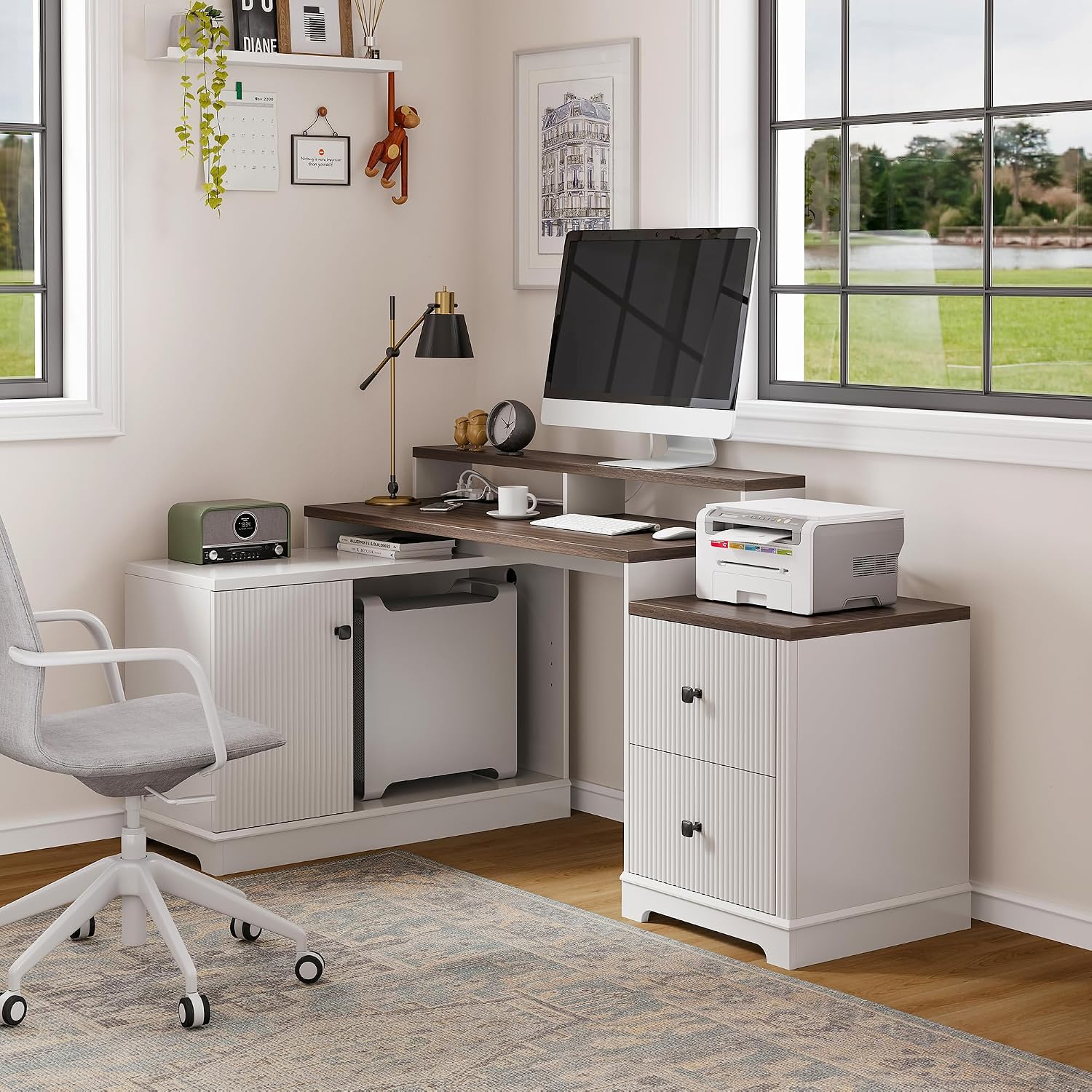 67' L Shaped Executive Desk with Drawers & Storage Shelf, Corner Computer Desk with Power Outlets, Home Office Desk with Monitor Stand, Printer Shelf, Computer Writing Desk for Work, Antique White